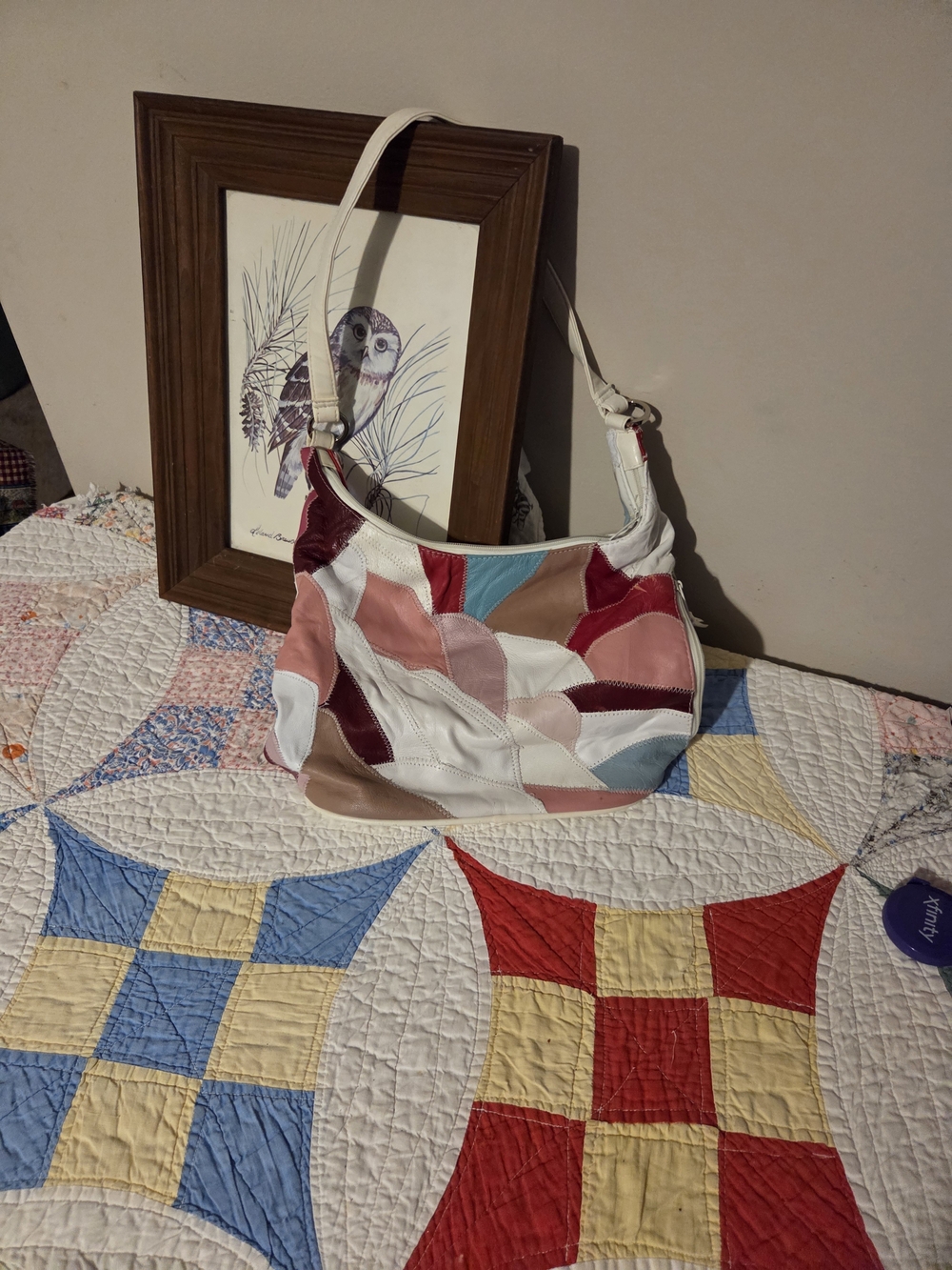 LEATHER PATCHWORK HANDBAG - Vintage White Multi Color Purse with Zip